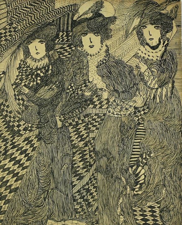 Madge Gill Three draped figures in a chequered setting