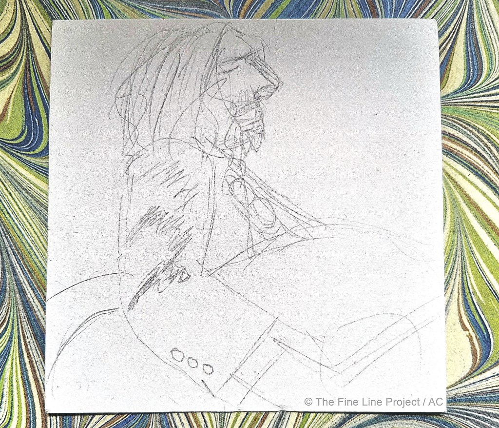 Terry, a member of the audience sketched Rob Taylor during his performance MHAW Mind Cambridge fundraisers 2025