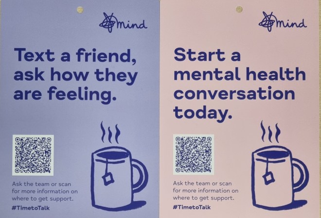 A blue Mind Charity poster with drawing of a steaming cup of tea and the words 'Ask a friend how they are feeling' next to a pink poster with the same drawing and the words 'Start a mental health conversation today.'