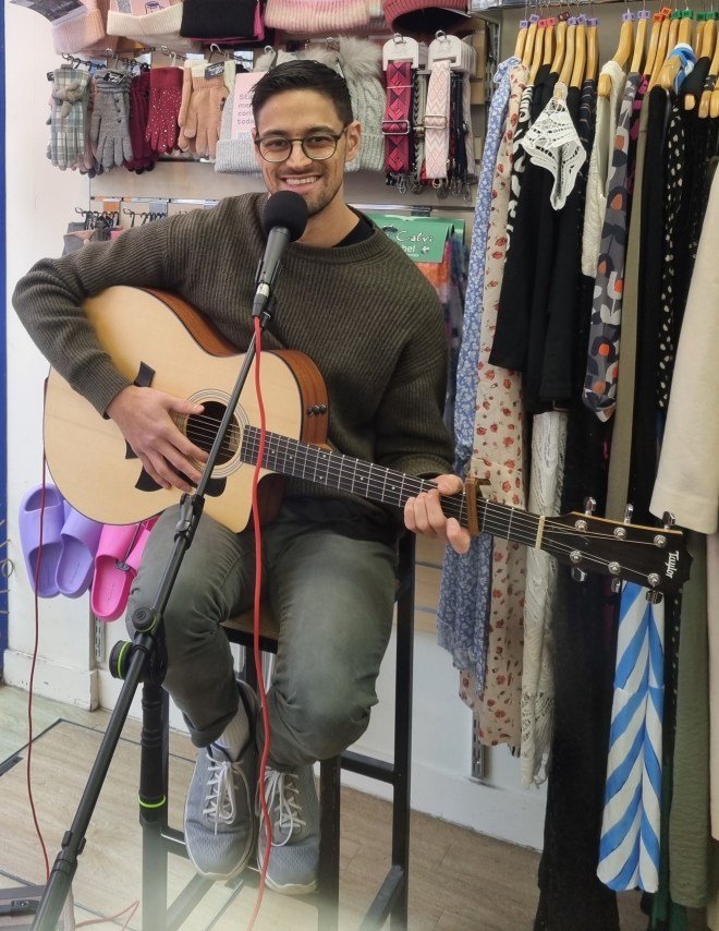 Ben B-Brown performs at the Mind Cambridge shop on Time To Talk Day 2026