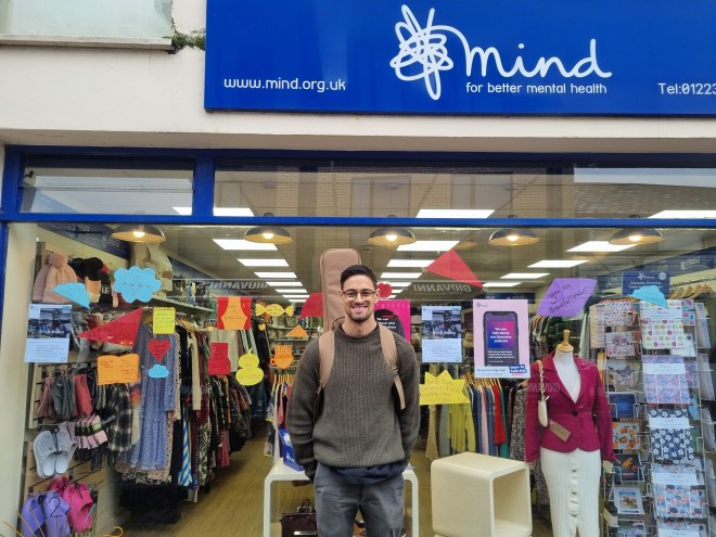 Cambridge based singer songwriter Ben B-Brown outside Mind Cambridge following his performance on Time to Talk Day 2026