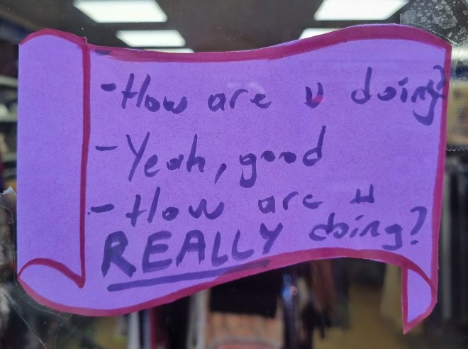 Time To Talk Day Mind Cambridge Fine Line Project Event window posting on purple paper with a red surround reading 'How are u doing? Yeah, good. How are u REALLY doing?'